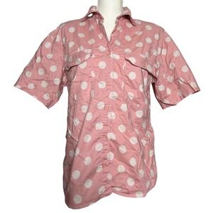 Vintage ILIO Pink Polka Dot 100% Cotton Short‎ Sleeve Button Down Shirt Womens M